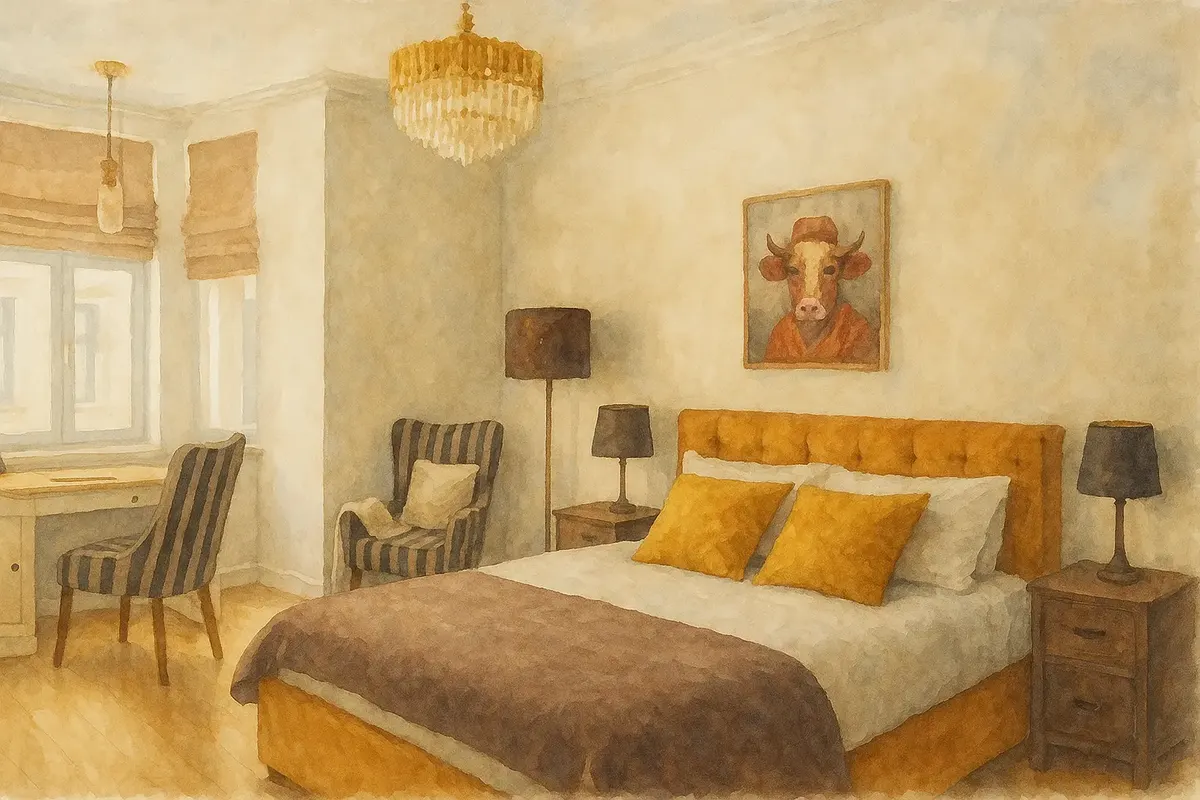 Spacious luxury apartment interior with modern design and large windows.
